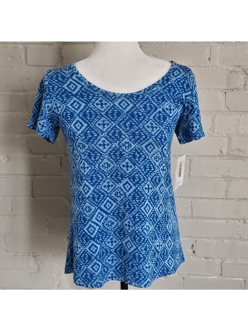 LuLaRoe Classic T Shirt NWT Size XXS Blue Geometric Diamond Ikat Scoop Tee